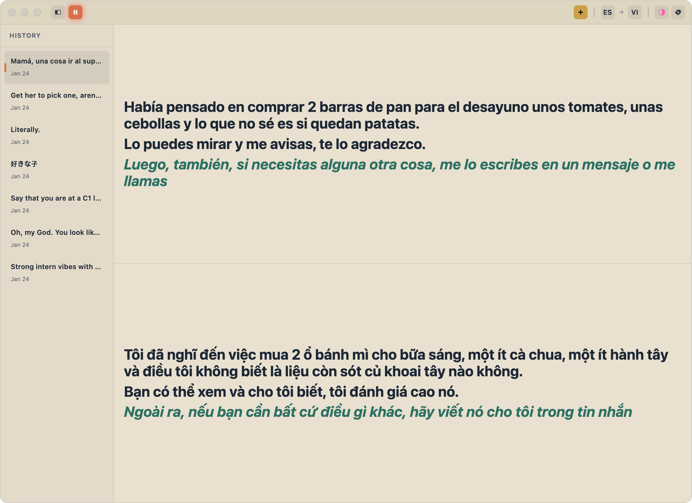 FluentCap live transcription showing Spanish to Vietnamese real-time translation