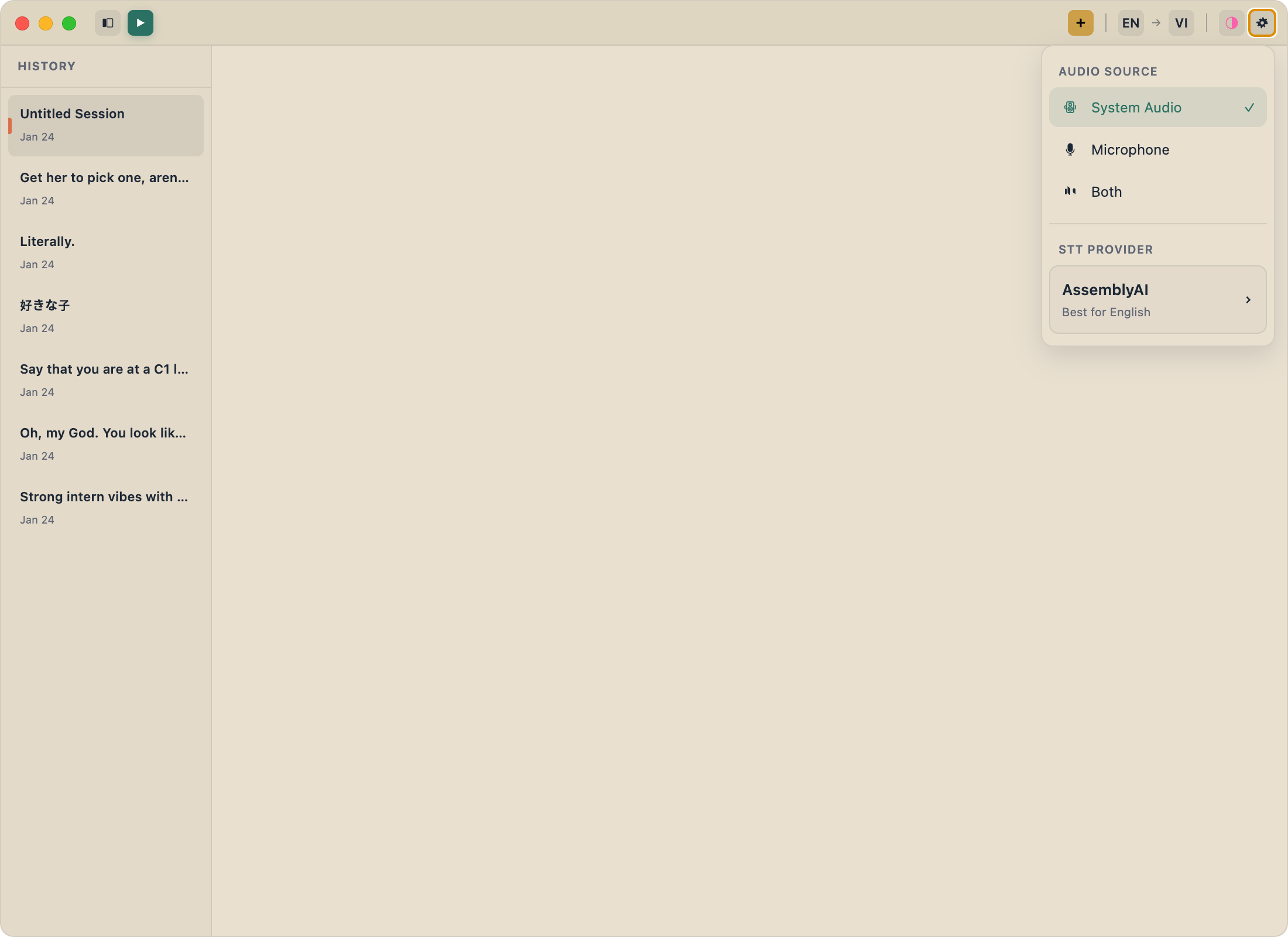 FluentCap settings - Audio source and provider selection