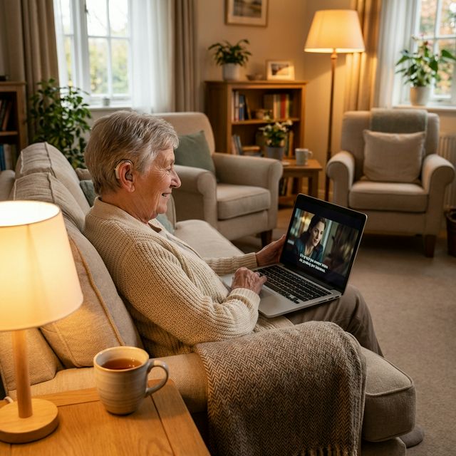 Hearing impaired technology - Elderly person with hearing aid enjoying movie with captions on laptop