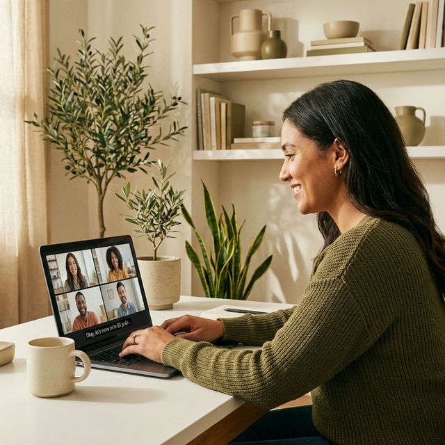 Free live captions computer - Woman in remote meeting with real-time captions on laptop screen