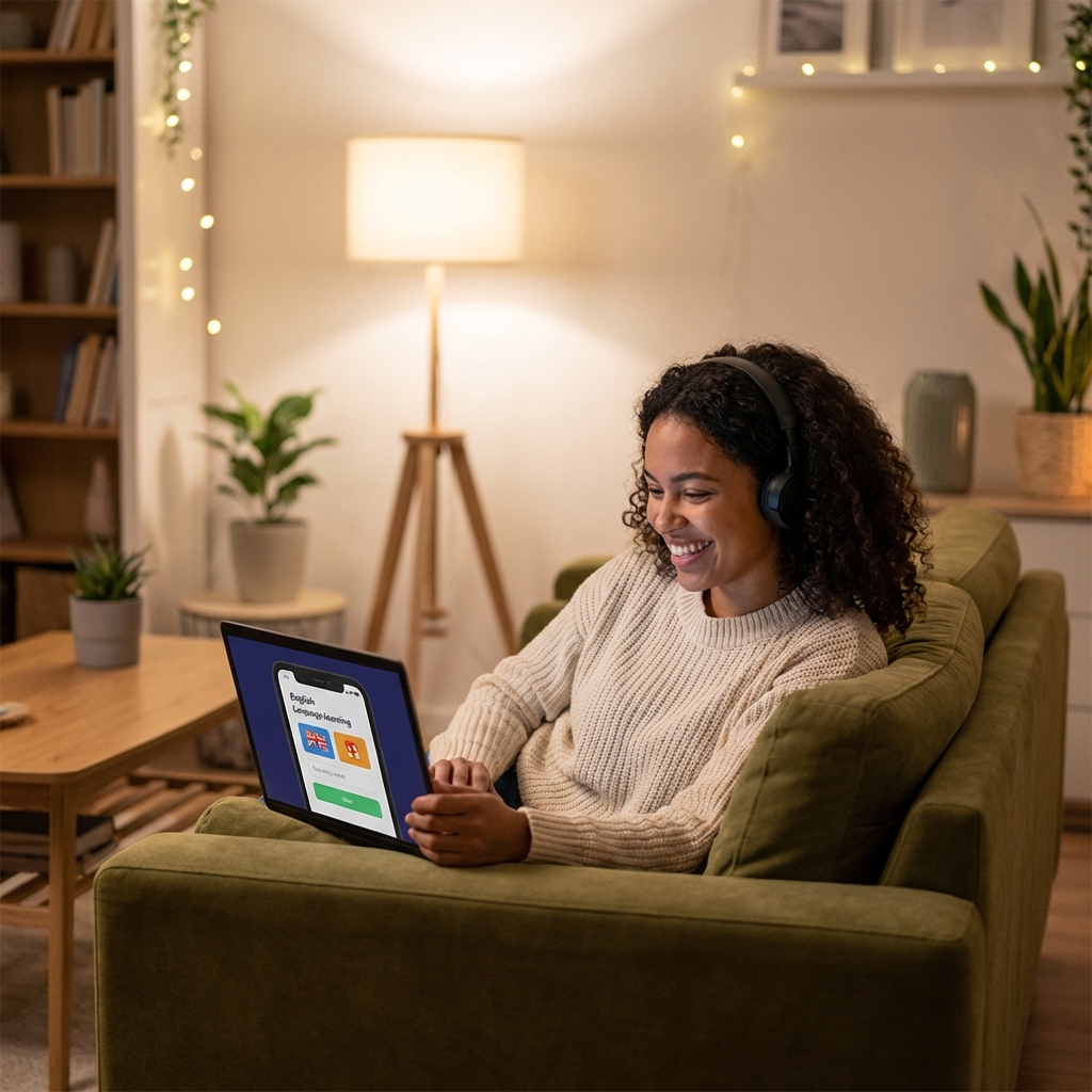Person enjoying English content comfortably - Relaxed home learning environment