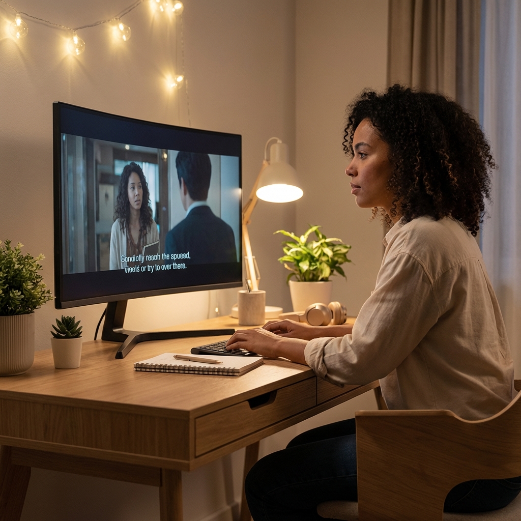 English learner watching content with comprehensible input support