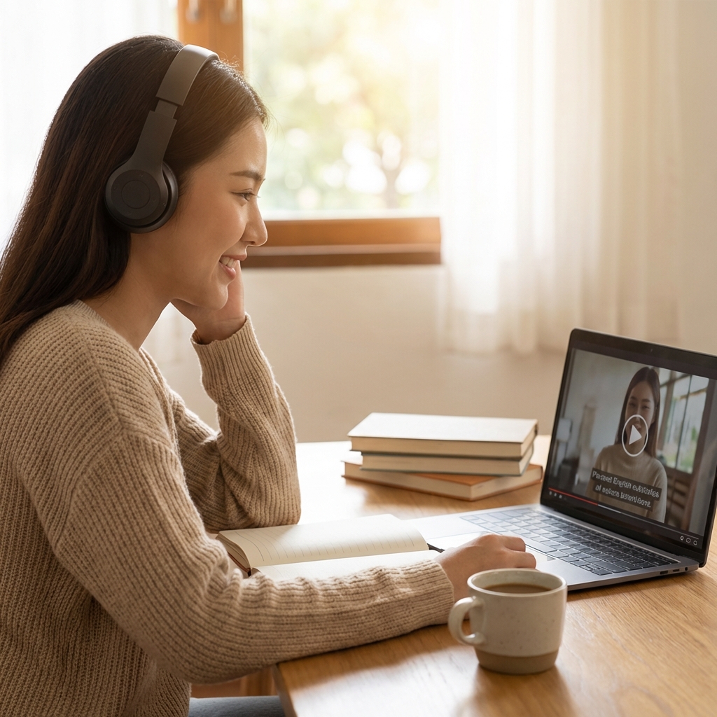 Student learning English naturally - Relaxed learning with headphones and laptop