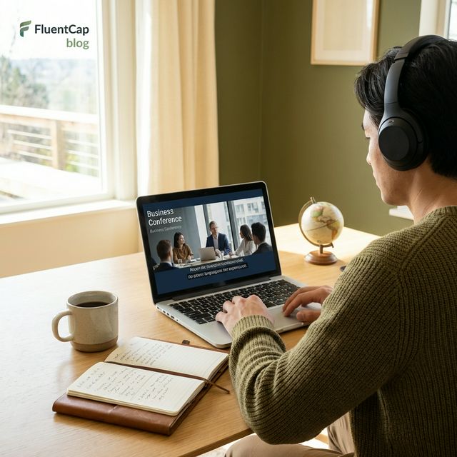 Language immersion through international content — professional watching global news with captions