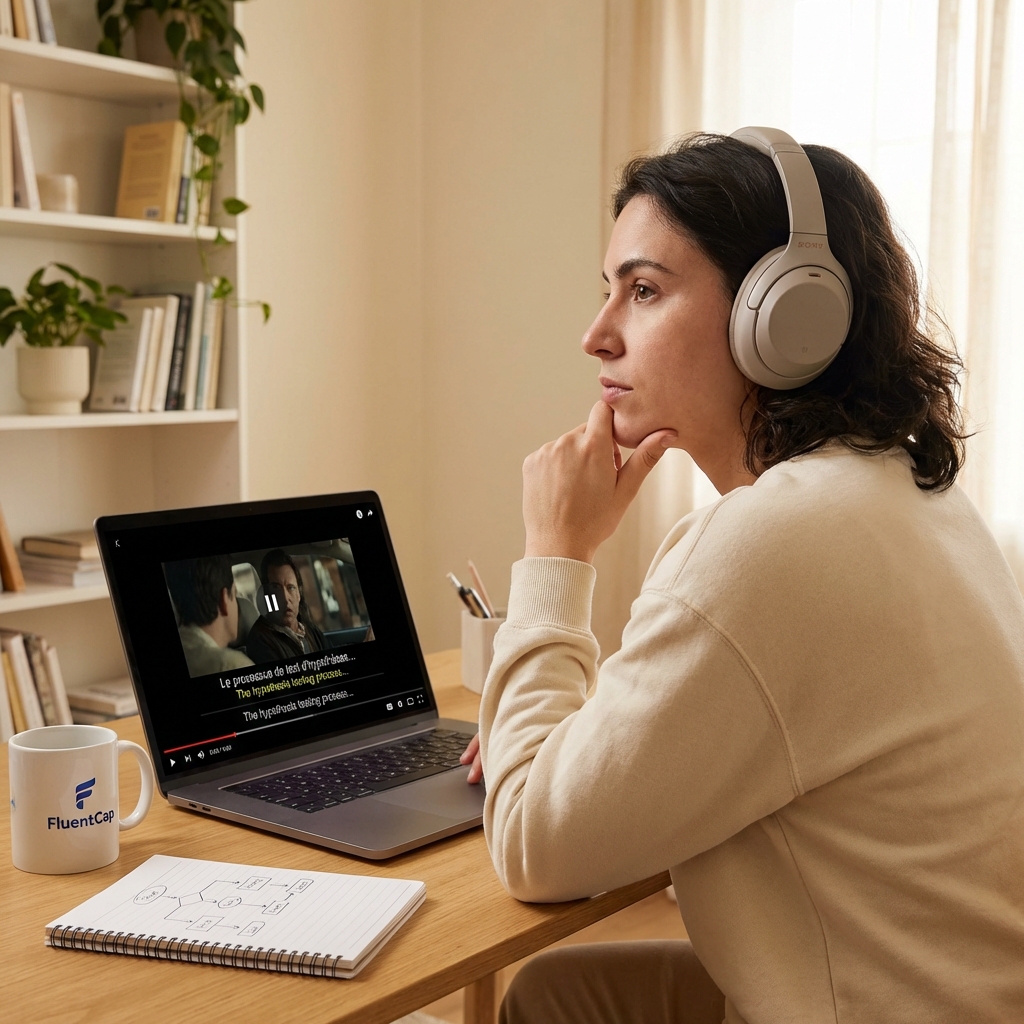 FluentCap delayed caption hypothesis testing - language learner concentrating with 1.5 second subtitle delay for ear training