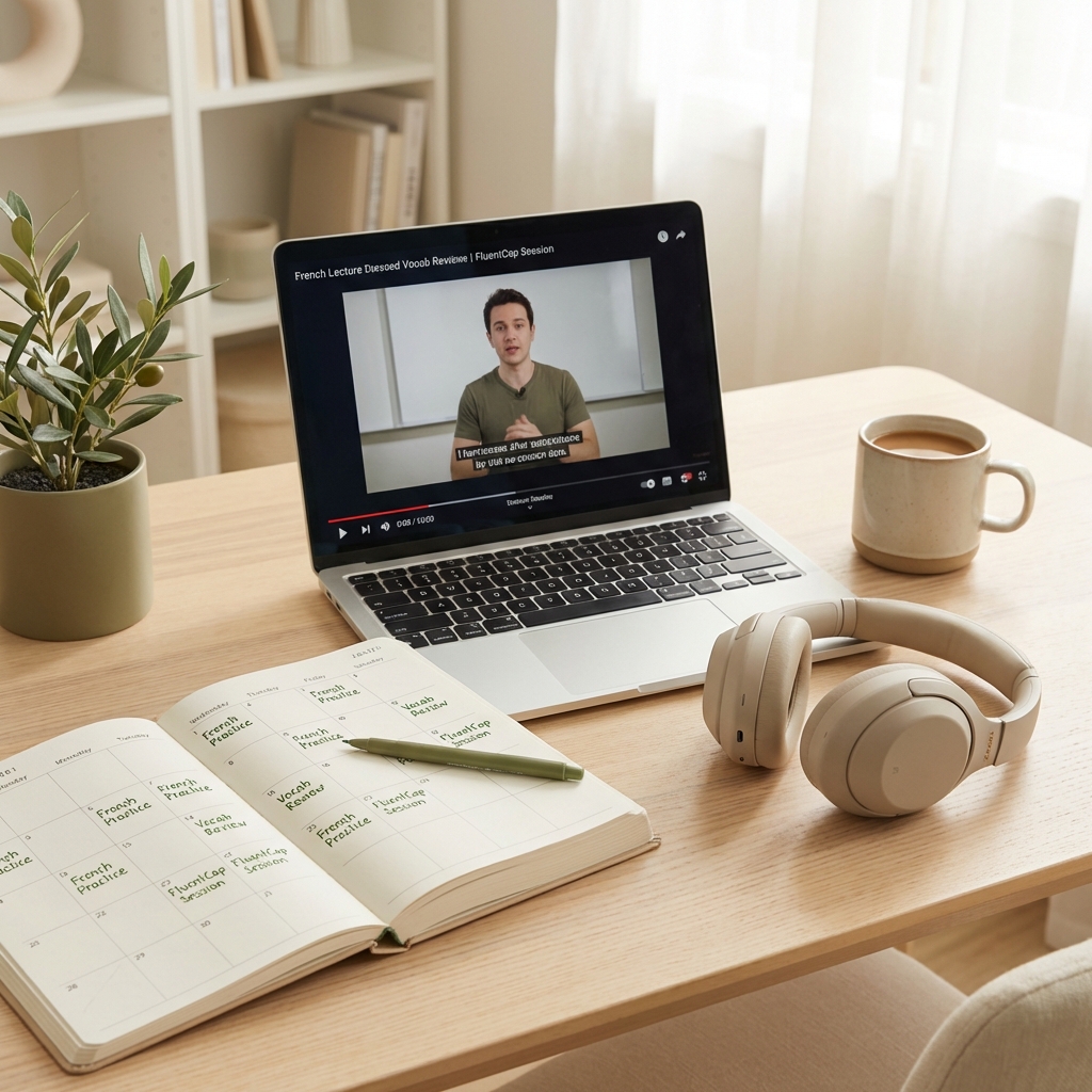 Caption delay listening practice routine - organized desk with calendar tracking 4-week training progress and FluentCap session