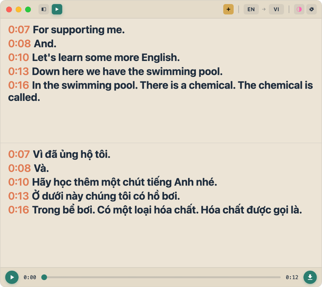 FluentCap transcript click to seek - highlight shows current playing segment