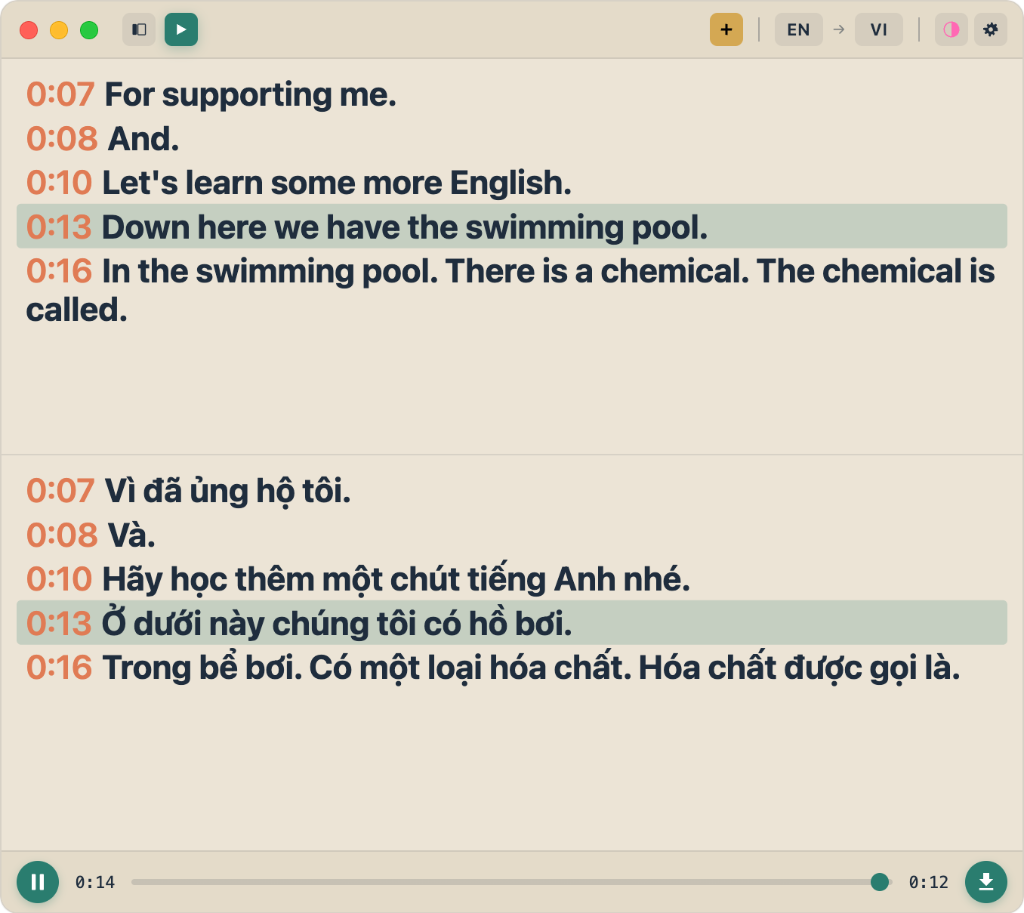 FluentCap audio playback with synchronized transcript highlighting - bi-directional sync in action