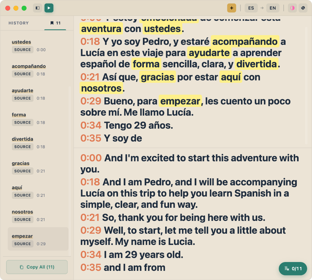 FluentCap Highlight Collection Panel showing all highlights with Copy All button