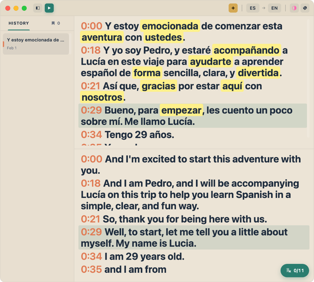 FluentCap dual panel transcript with timestamps and highlight navigation