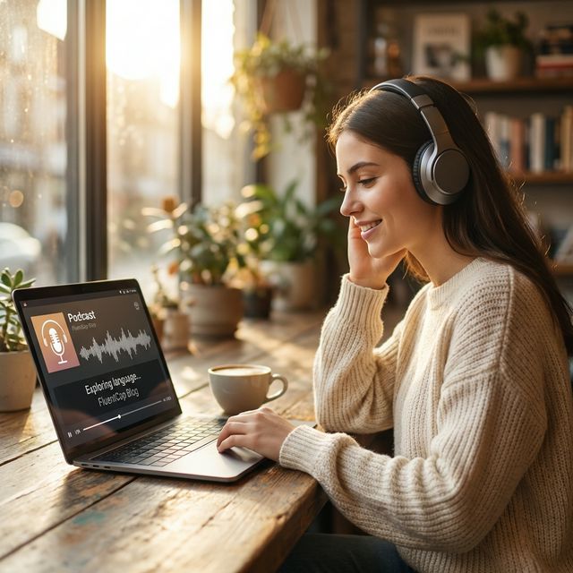 Podcast language learning with real-time subtitles — woman wearing headphones at a cozy café with FluentCap captions on her laptop