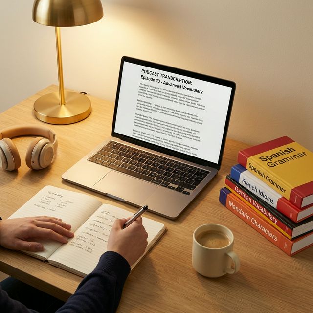Learning languages with foreign podcasts — student reviewing vocabulary notes at study desk with FluentCap transcription on laptop