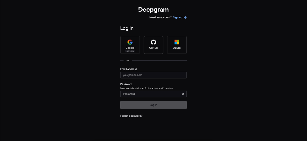 Deepgram login page