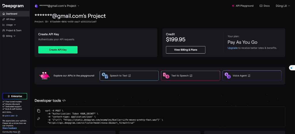 Deepgram dashboard with $200 free credits