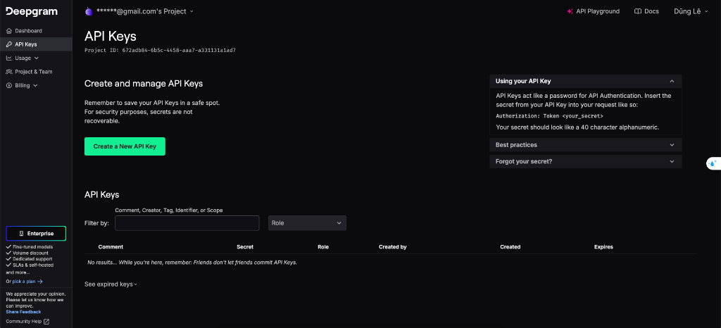 Deepgram API Keys page