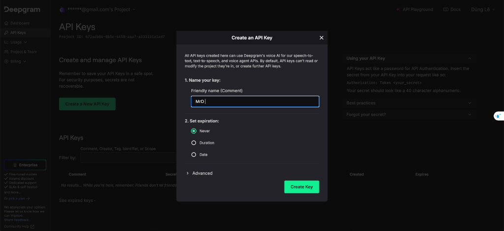 Create new API key dialog