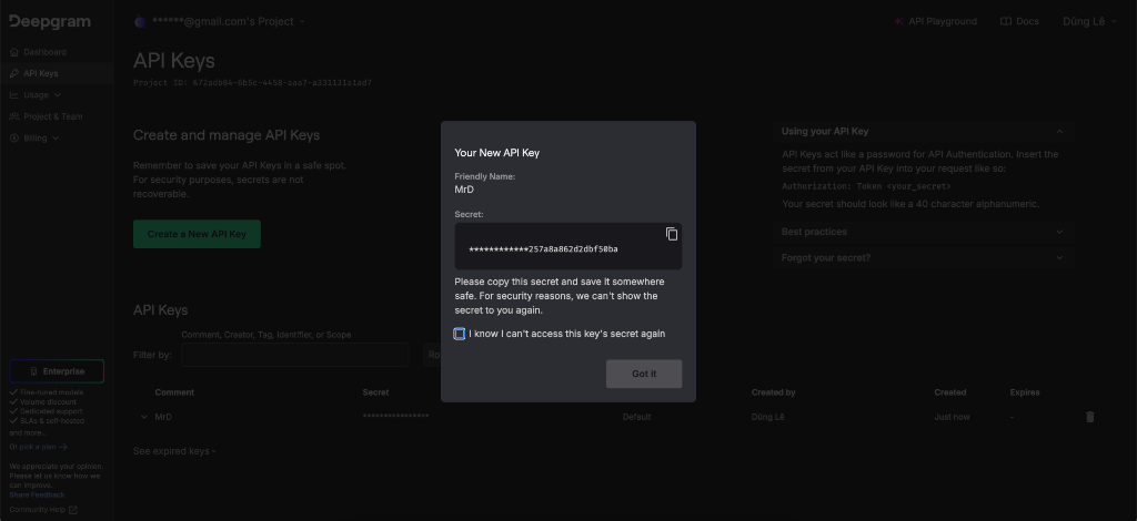 Create and copy your API key
