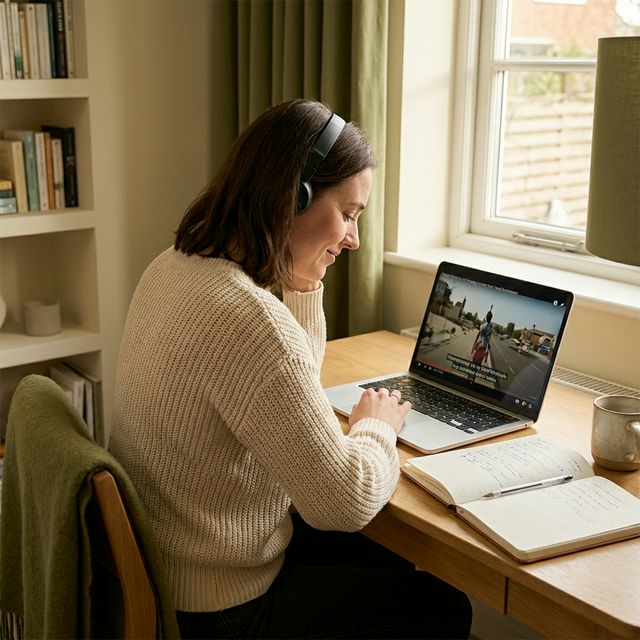 Woman at a desk watching foreign language video with captions on her laptop while taking notes in a journal
