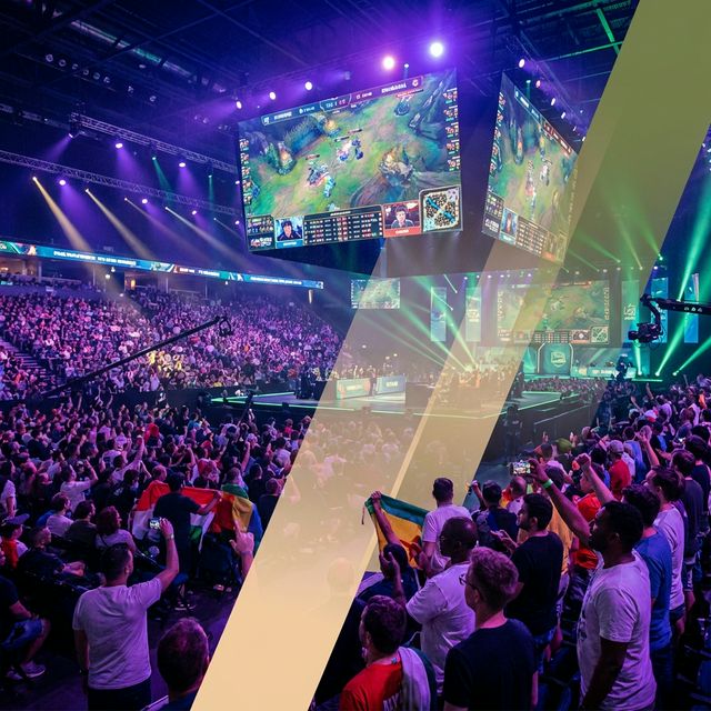 International gaming livestream subtitles - Esports tournament arena with global audience watching competition