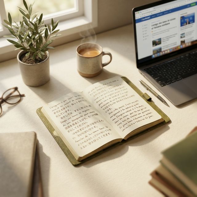 Daily language practice routine at home - journaling in foreign language at a cozy desk with notebook and laptop