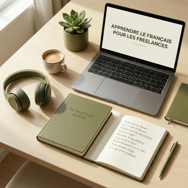 Language learning tools for freelancers - headphones laptop and notebook on modern desk