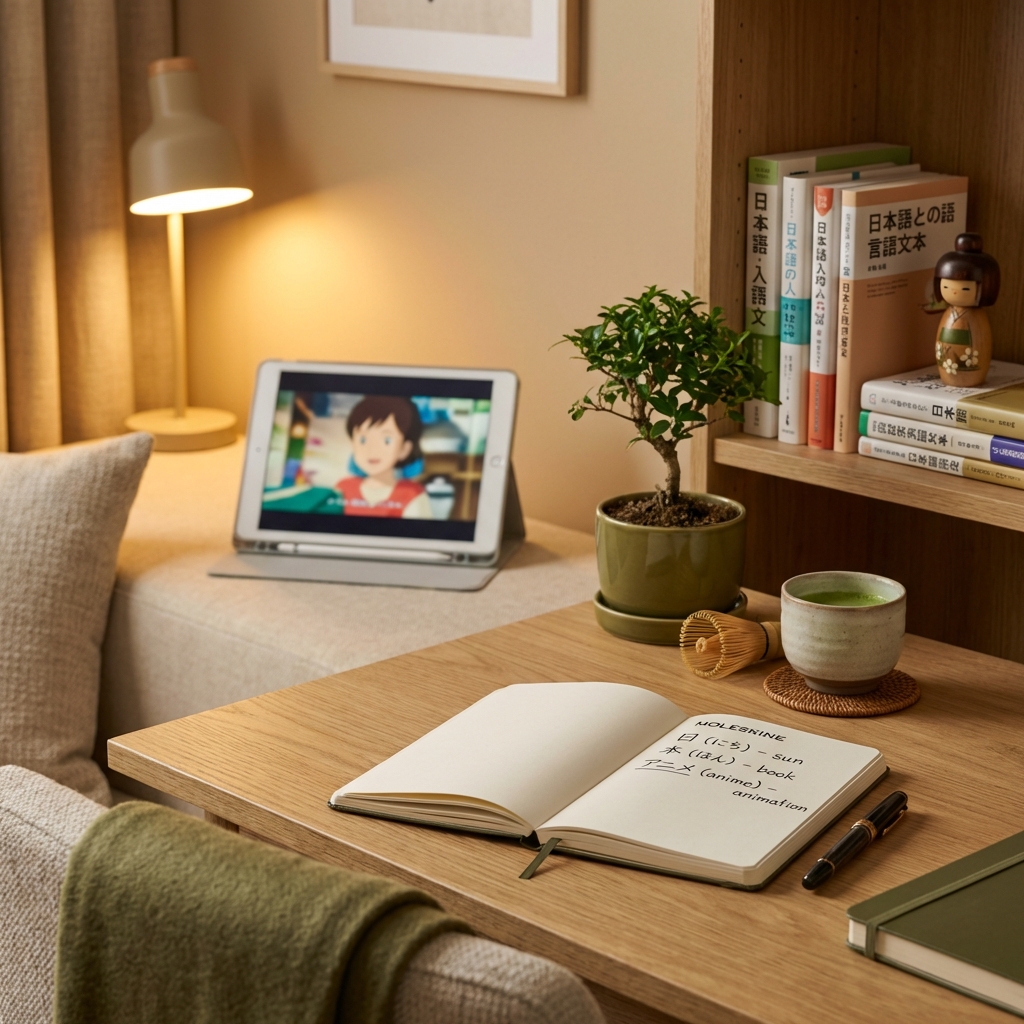 Learn Japanese anime vocabulary study setup - Notebook with Japanese notes and anime on screen