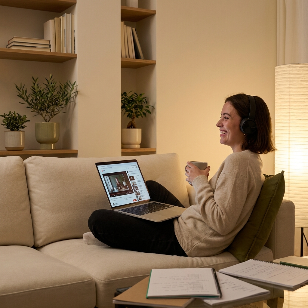 Person watching anime comfortably - Cozy learning environment with laptop