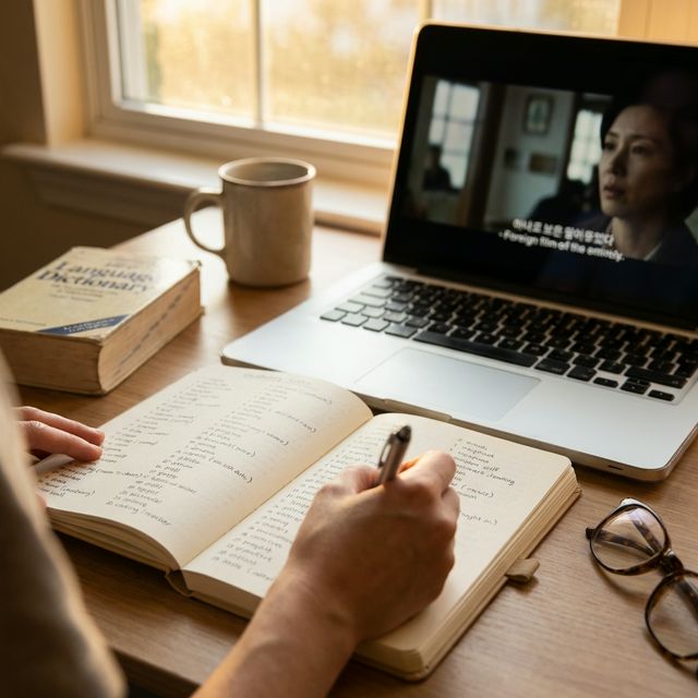 Learning a language by watching movies - Person taking vocabulary notes while watching foreign film