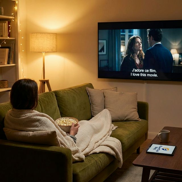 Language learning through films with subtitles - Person watching international cinema with dual subtitle overlay