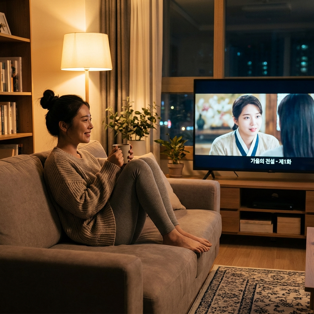 Learn languages watching movies - Woman enjoying Korean drama with subtitles