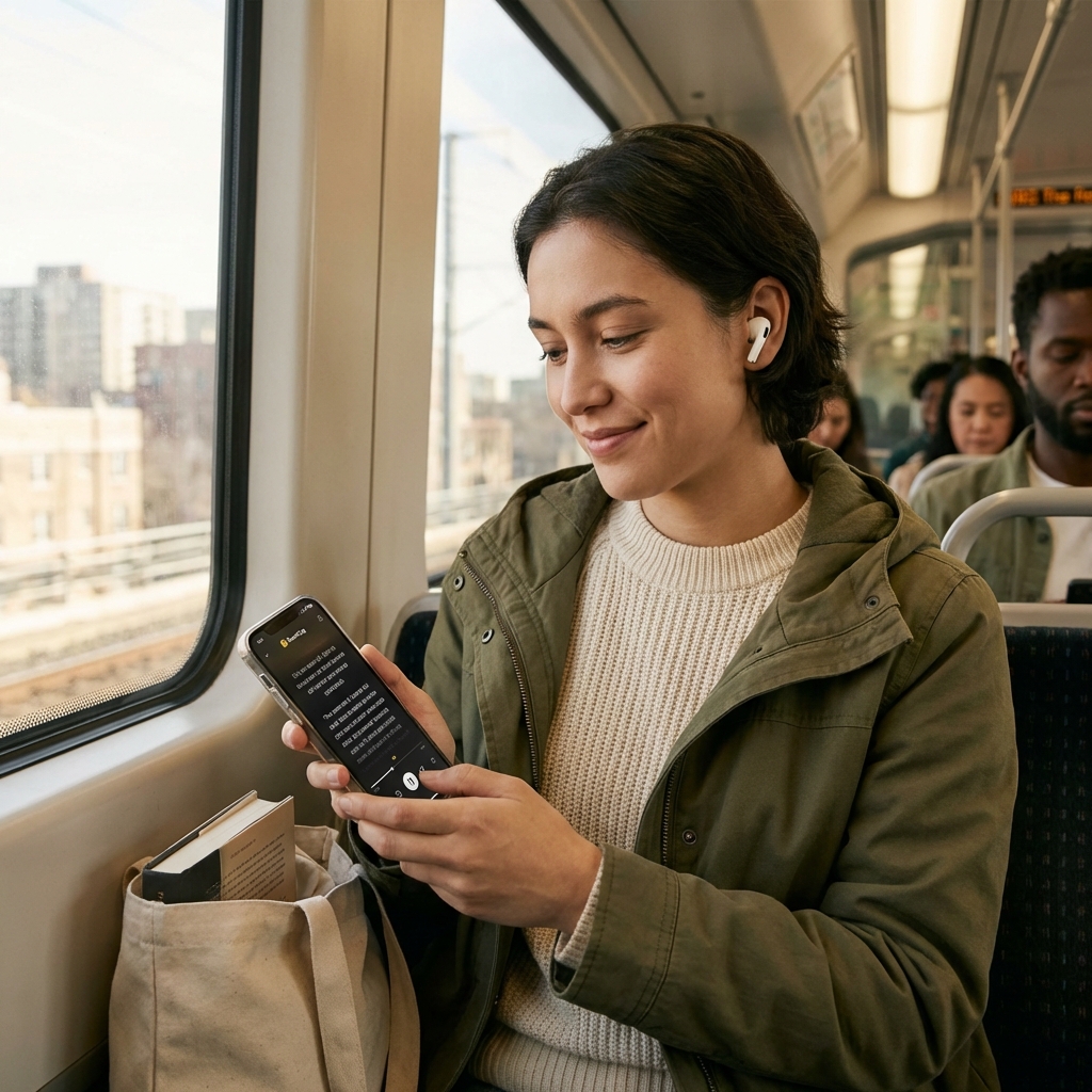 Young professional wearing headphones listening to a French audiobook with live FluentCap captions displayed on laptop during morning train commute
