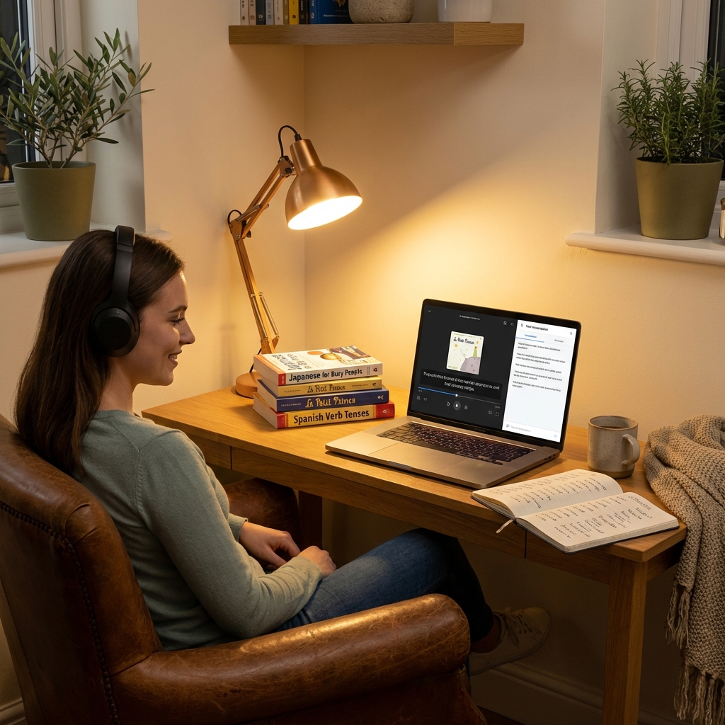 Cozy home study corner with warm lighting, language learning books stacked beside laptop showing FluentCap audiobook transcription in Spanish