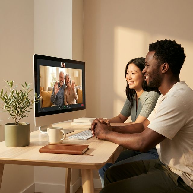 Cross-cultural family video call — multilingual relationships connecting generations across languages with real-time captions
