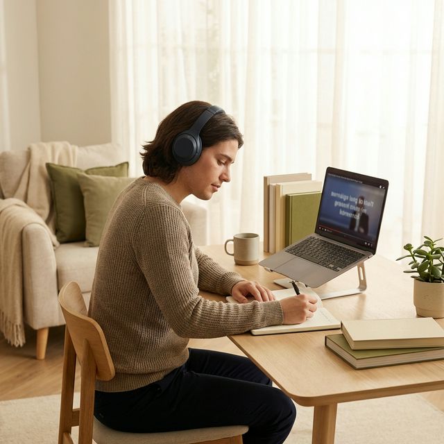 Professional studying foreign language content on laptop with headphones in a modern workspace