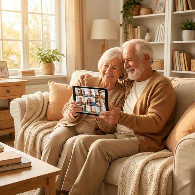 Family connection across borders - Elderly parents using tablet for family video call with translation