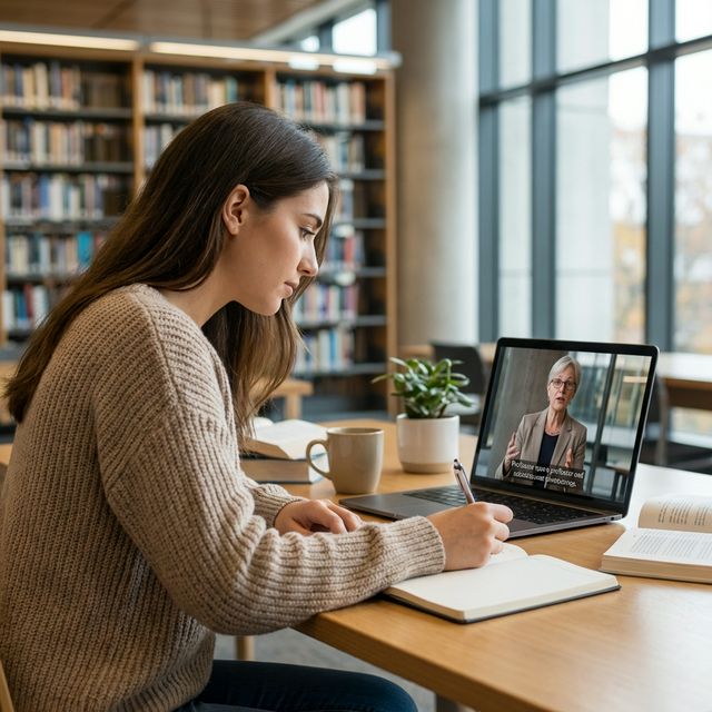 Online courses foreign language subtitles - Student watching lecture on laptop with real-time transcript on screen