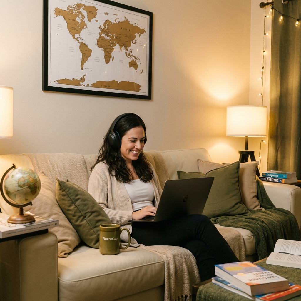 Language immersion preparation for international travel - Person learning foreign language at home with transcription