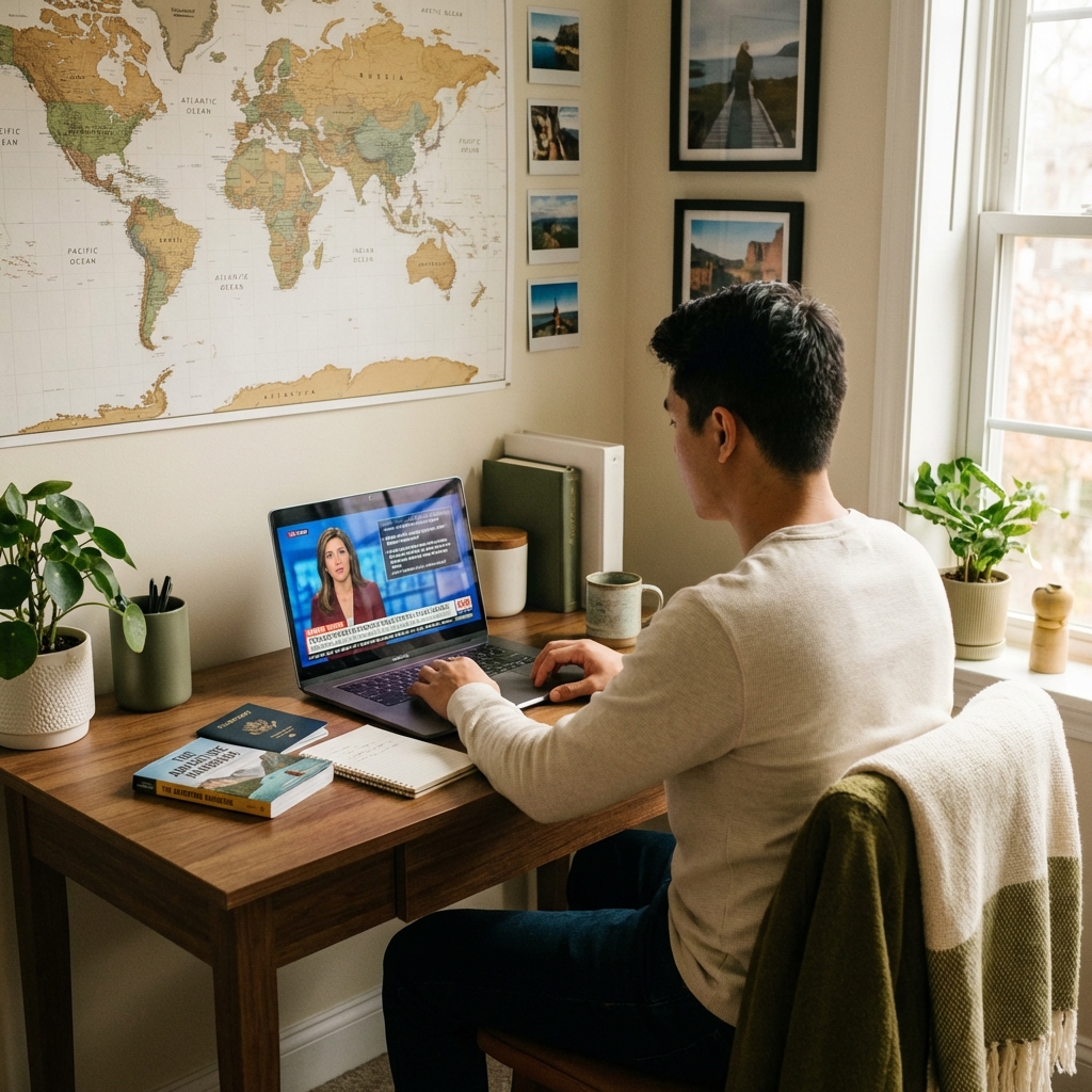 Traveler preparing for trip abroad by watching foreign news on laptop - Language immersion preparation at desk