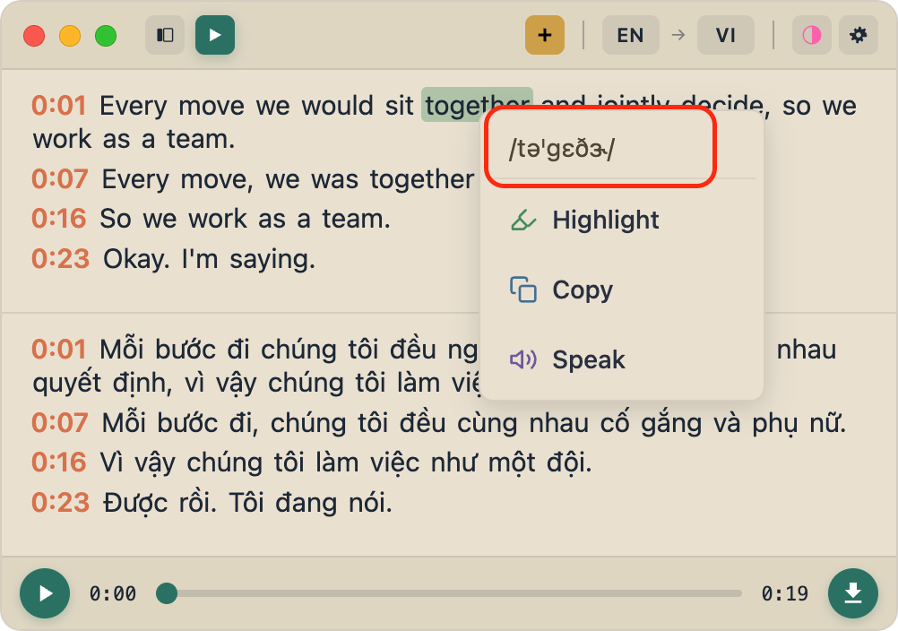 FluentCap IPA lookup showing phonetic transcription for the word together