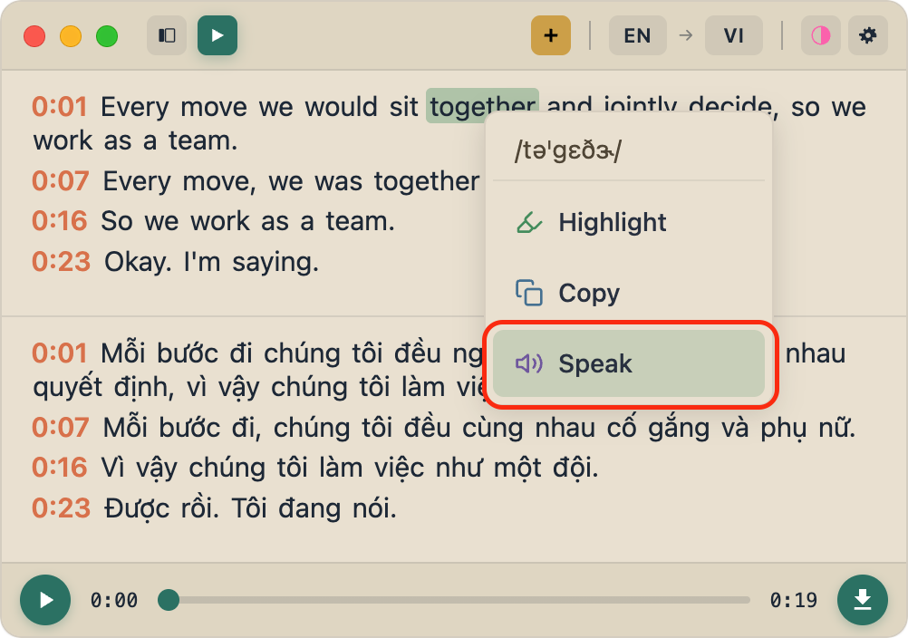 FluentCap Speak button highlighted in the context menu for instant text-to-speech pronunciation