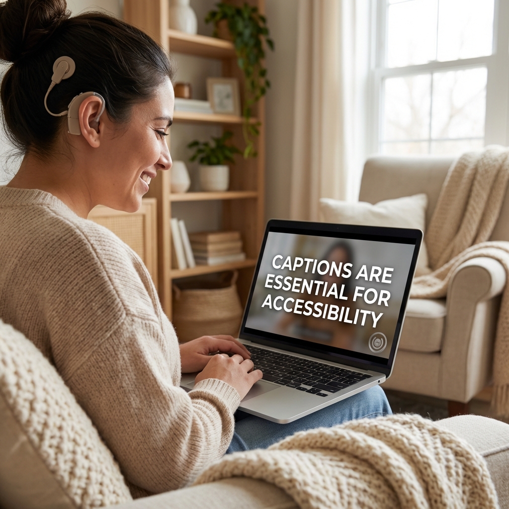 Person with cochlear implant using FluentCap captions on laptop