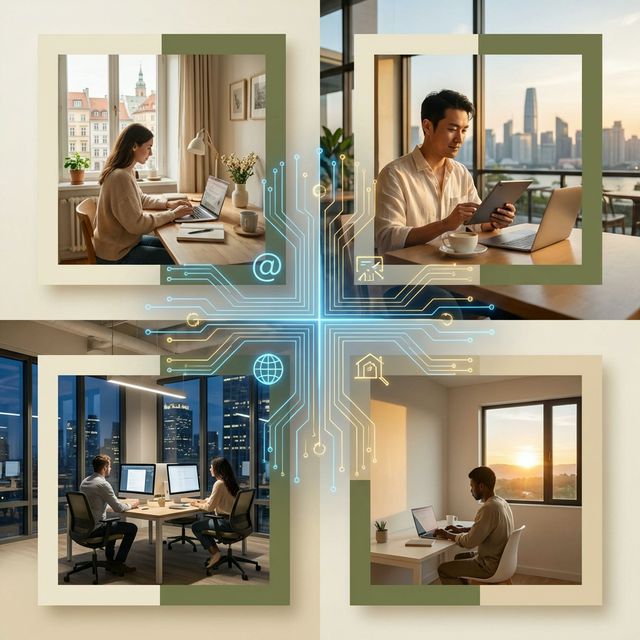 Global distributed team workspace - Multiple professionals collaborating across locations with real-time language support