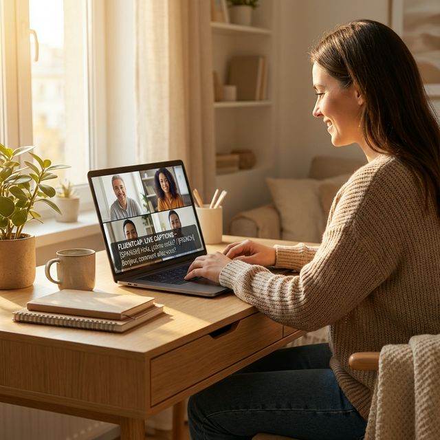 Remote work language barriers - Professional during multilingual video conference call with real-time captions visible on screen