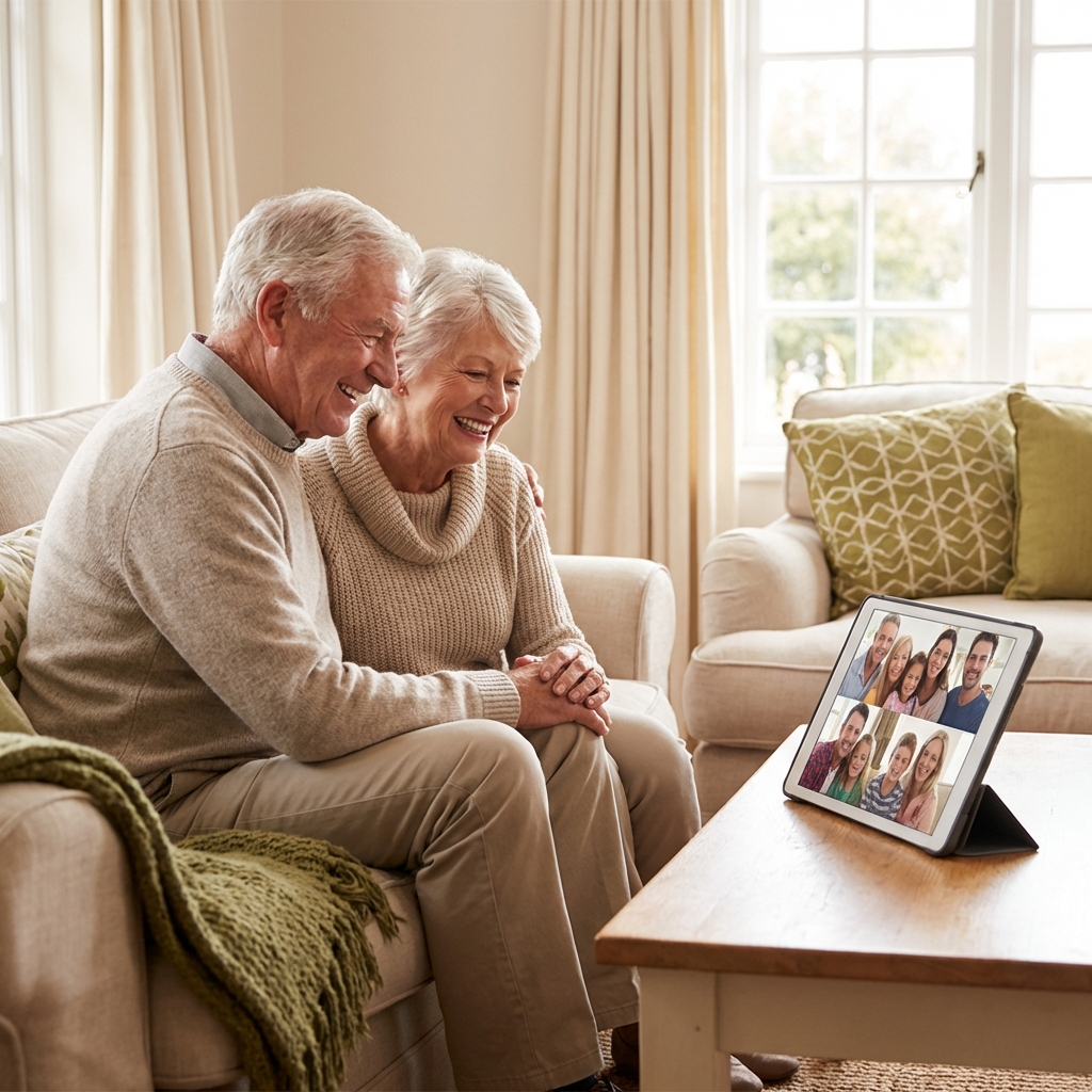 Elderly couple video call with family - grandparents connecting with loved ones overseas